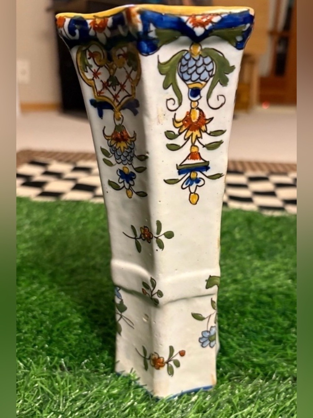 Unbranded 19th Century French Hand Painted Faience Trumpet Vase from Normandy.